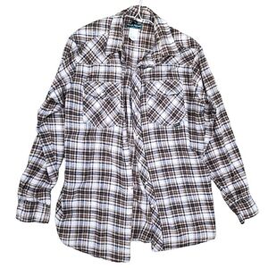 Mens LT Berne Apparel Brown Plaid Flannel Pearl Snap Western Cabincore Shirt ♥️